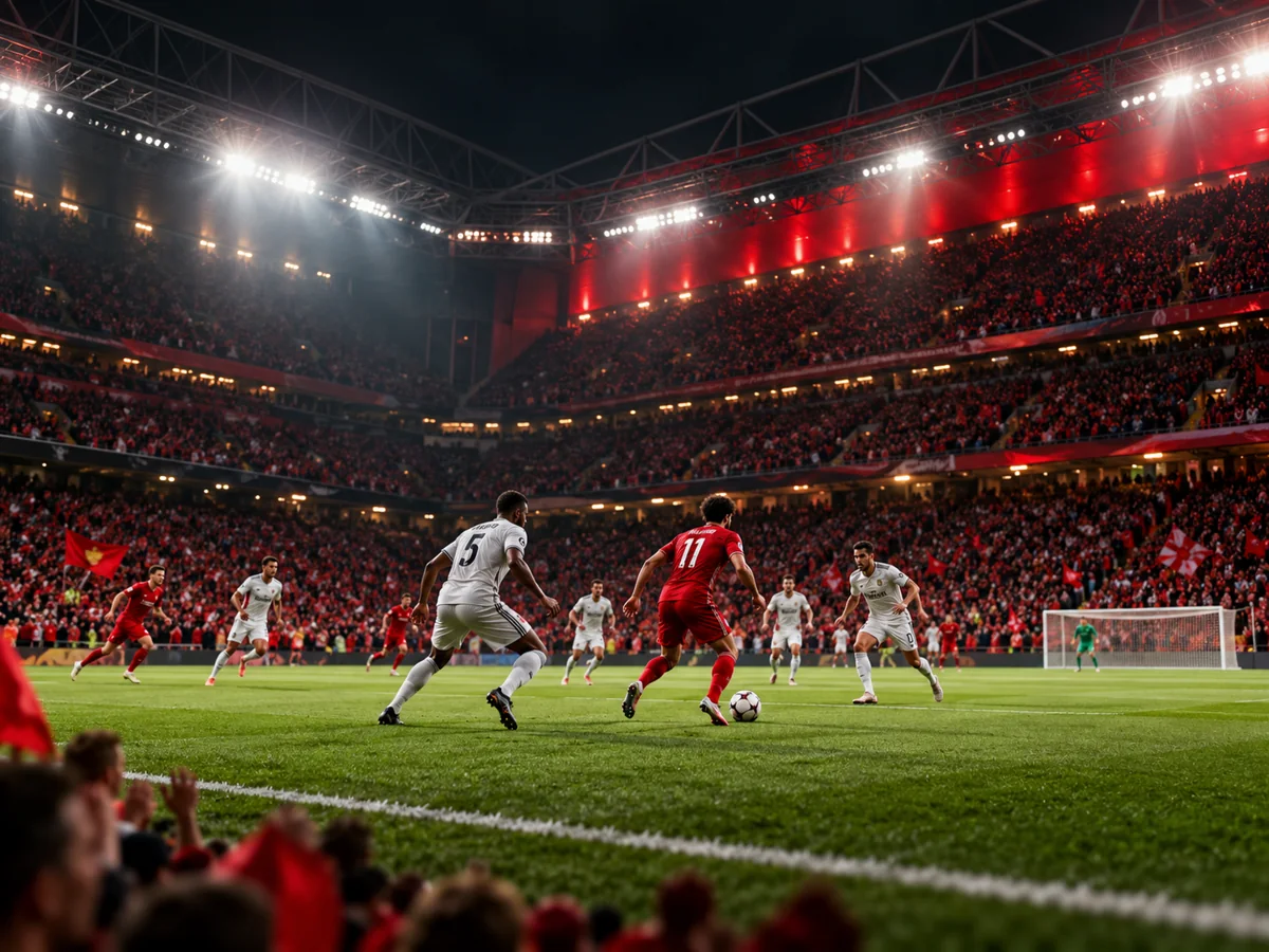 Floodlit football match in a packed stadium